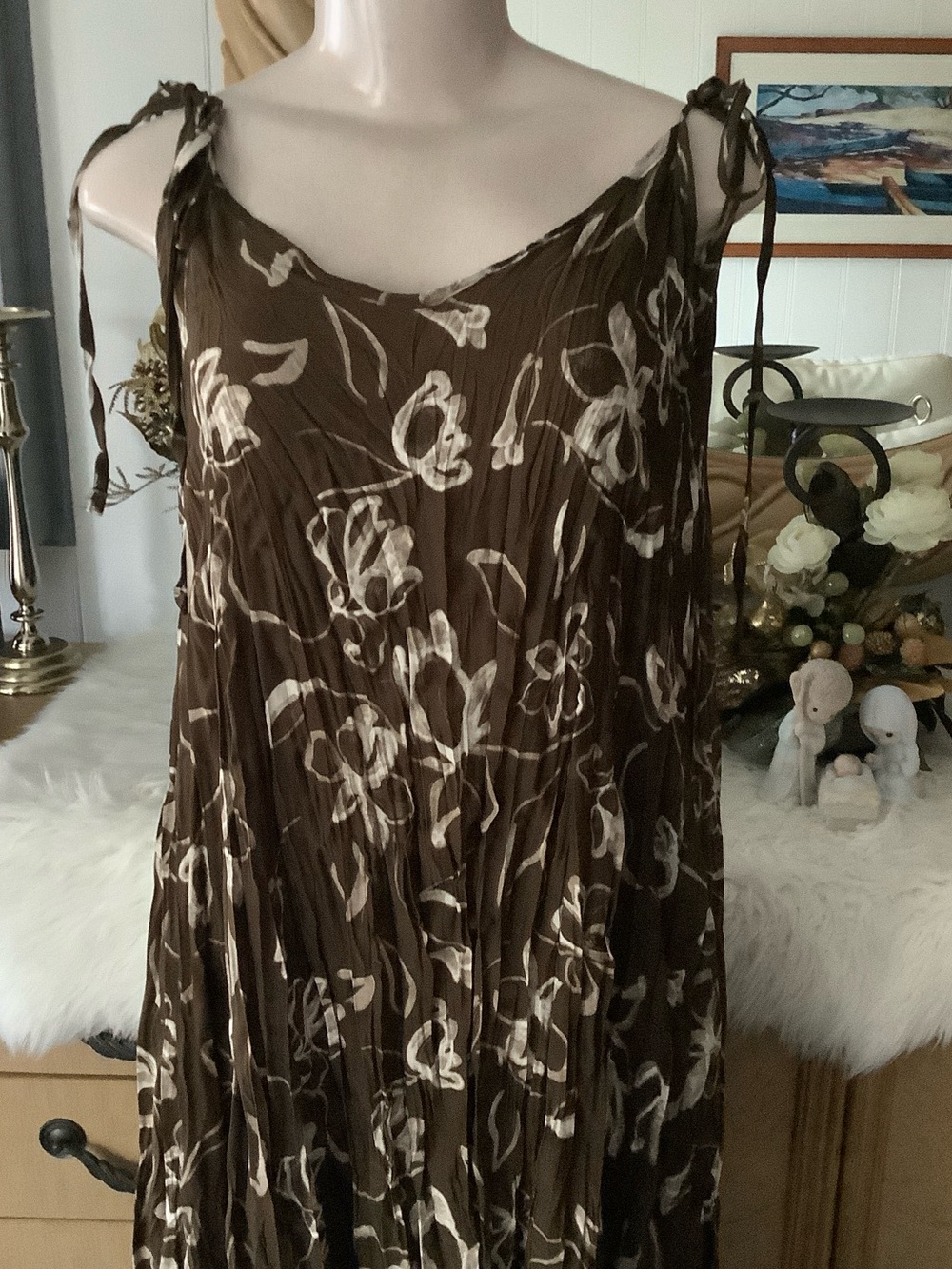 Brown Floral Sleeveless Pleated Maxi Dress